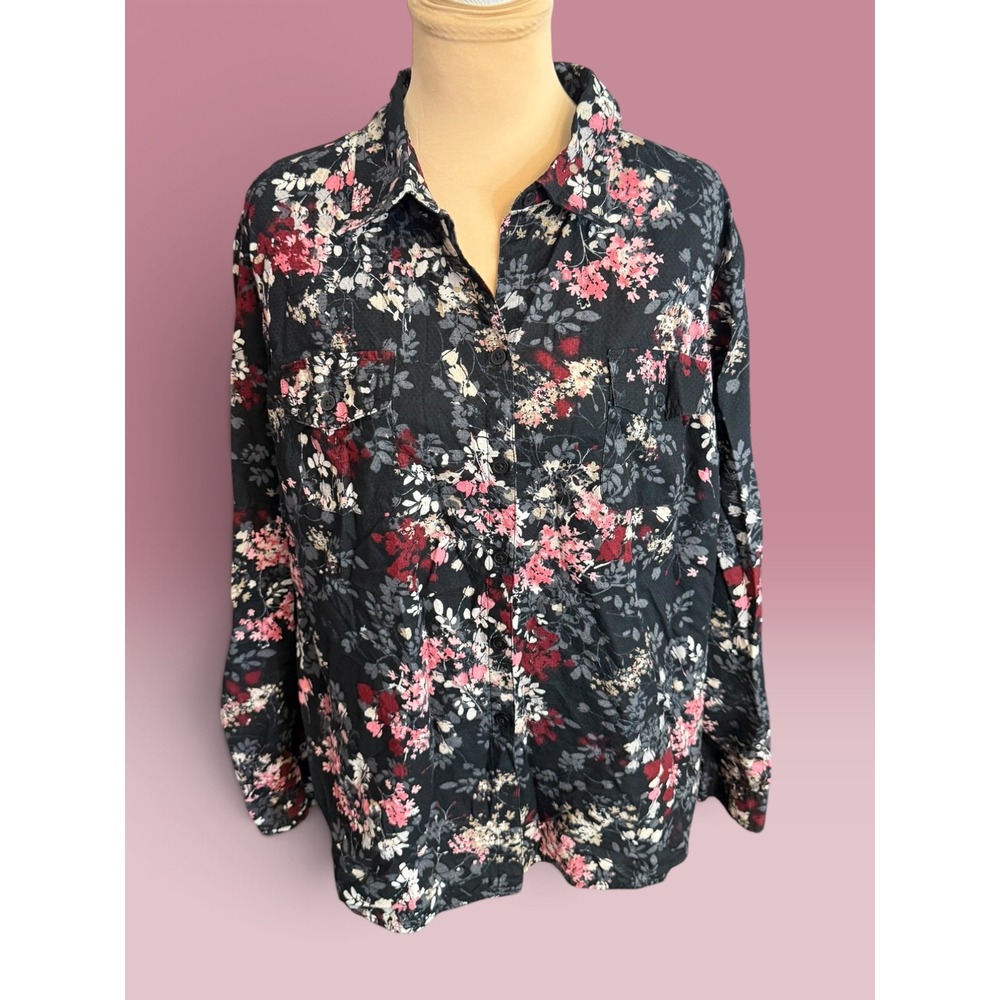 Croft & Barrow Womens XL Floral Button Down Shirt Long Sleeve Black Pink Blouse